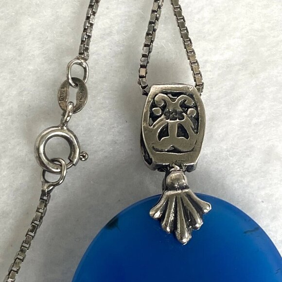 Sterling Silver 925 Oval Blue Chalcedony Quartz Scrollwork Pendant Necklace 20" - Picture 14 of 16
